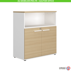 Armoire de bureau moderne blanche et bois, fabriquée en France.