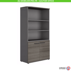 Armoire de bureau grise, étagères, portes coulissantes, fabriquée en France.