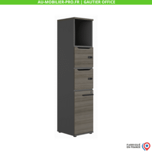 Armoire bureau haute, gris et bois, fabriquée en France.