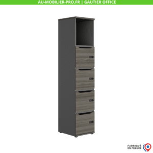 Armoire de bureau haute, tiroirs gris, fabriquée en France.