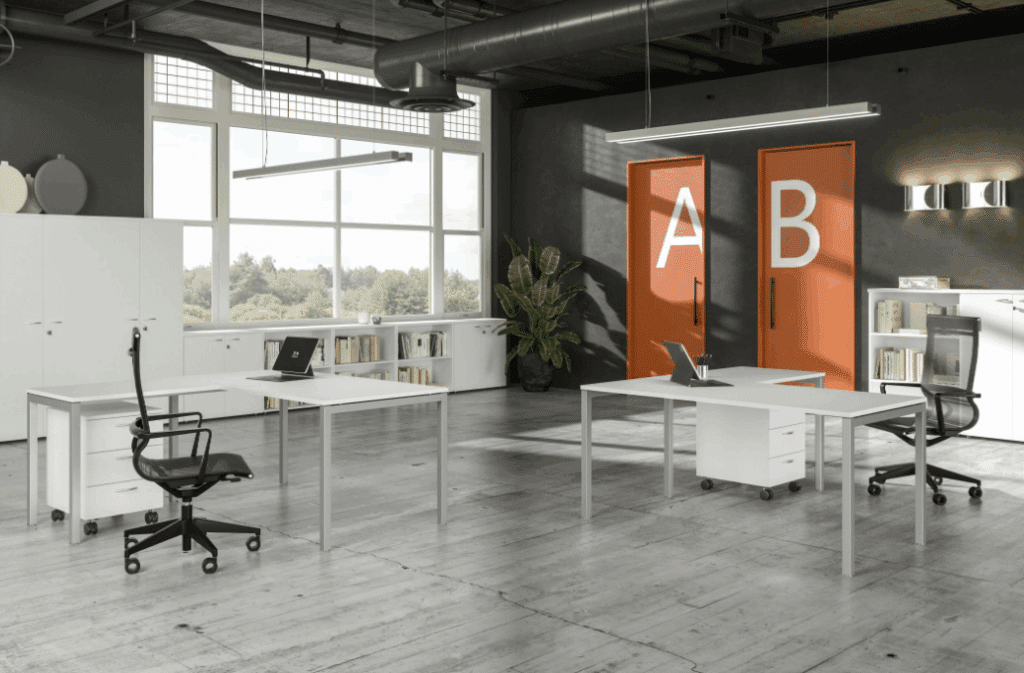 Bureau moderne lumineux avec décor minimaliste et plantes.