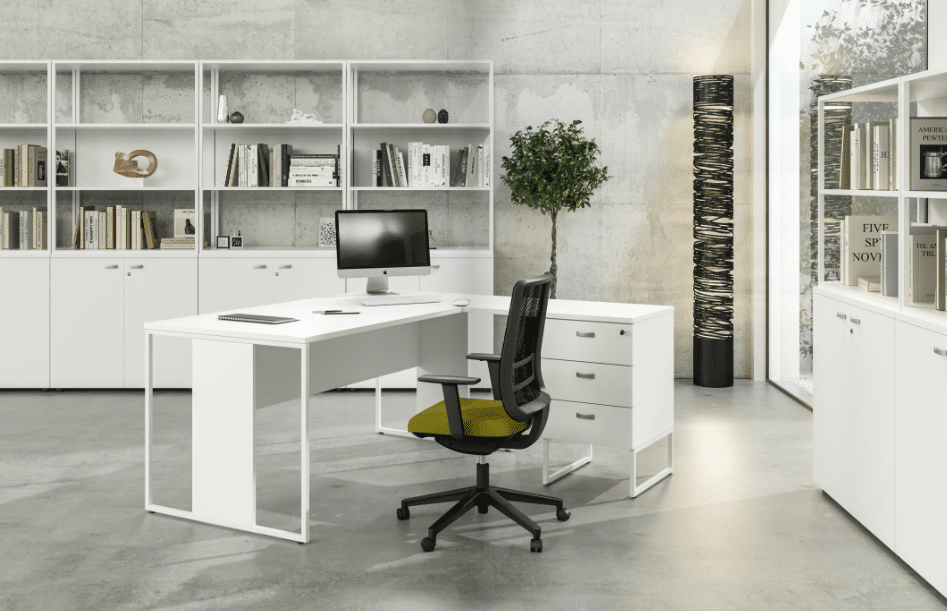 Bureau moderne avec bibliothèque et décoration minimaliste.