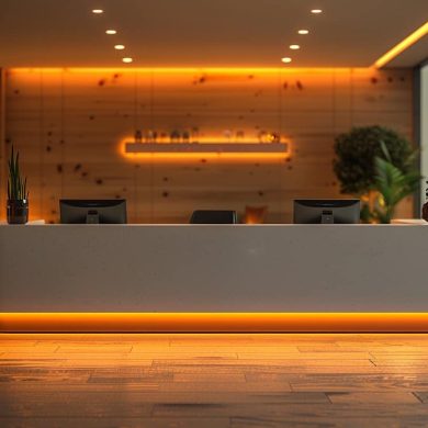 Réception moderne au coucher du soleil, design élégant.