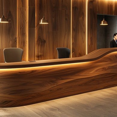 Réception moderne en bois avec employé élégant.
