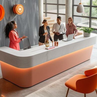 Réception moderne avec employés et mobilier design.