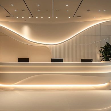 Réception moderne avec éclairage subtil et design organique.