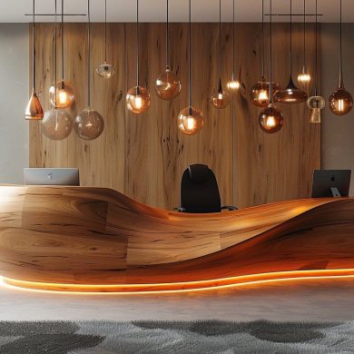 Réception moderne en bois avec éclairage LED.