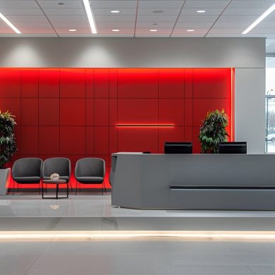 Hall moderne avec éclairage rouge et accueil élégant.