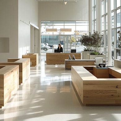 Hall lumineux avec bureaux en bois et grandes fenêtres.