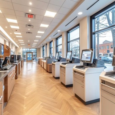 Intérieur moderne de banque avec guichets automatiques.