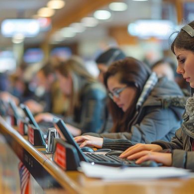 Personnes utilisant des ordinateurs dans un lieu public.
