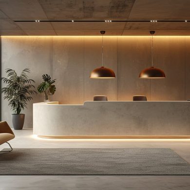 Intérieur moderne de bureau avec vue sur la nature.