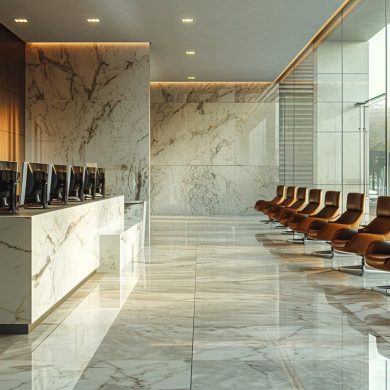 Réception moderne en marbre avec sièges en cuir.