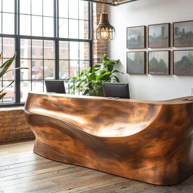 Bureau moderne en bois avec plantes en intérieur.
