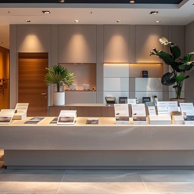 Hall d'accueil moderne avec comptoir d'information et décor élégant.