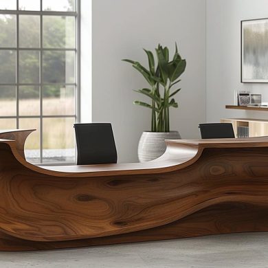 Bureau en bois ondulé moderne dans bureau lumineux.