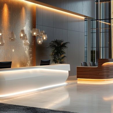 Réception moderne avec éclairage design et vue urbaine.