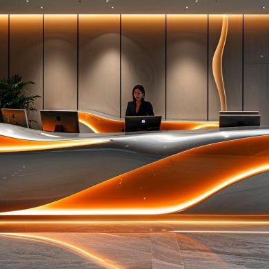 Réception moderne avec éclairage LED orange et employée.