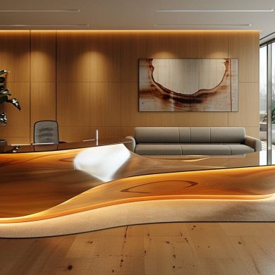 Bureau moderne avec design élégant en bois, vue extérieure.