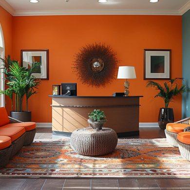 Salon élégant avec murs orange et mobilier moderne.
