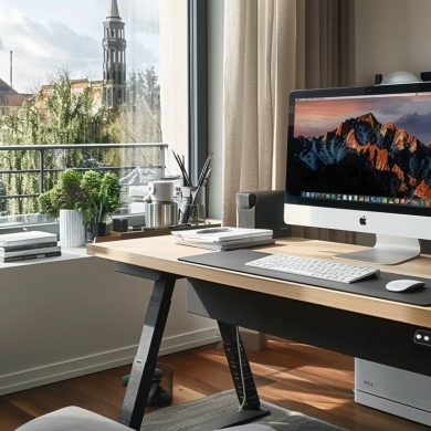 Bureau moderne avec ordinateur, plantes et vue urbaine.