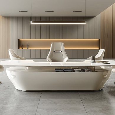 Intérieur design moderne avec bureau ovale et chaises élégantes.