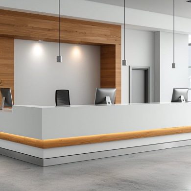 Réception moderne en bois et blanc avec plantes.
