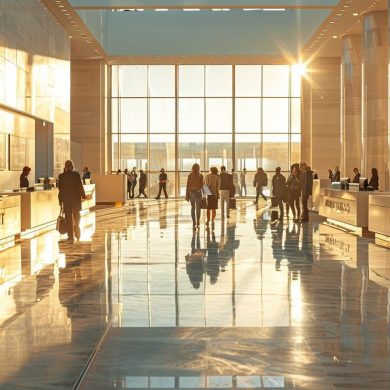 Hall d'hôtel luxueux au coucher du soleil.