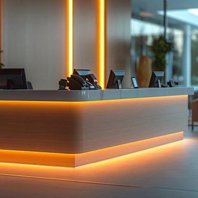 Réception moderne éclairée de lumières orange.