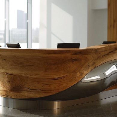 Bureau moderne en bois dans bureau lumineux.