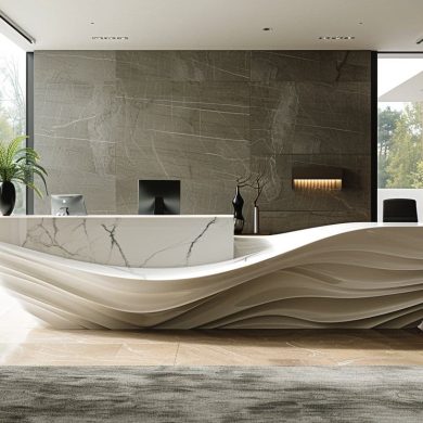 Réception moderne avec vue sur la nature.