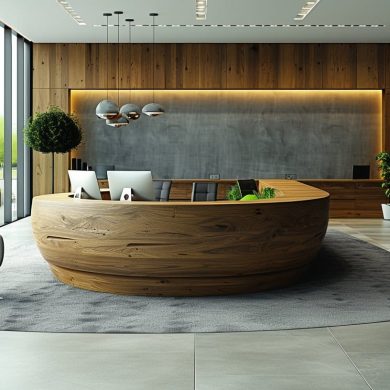 Réception moderne avec mobilier en bois et plantes.